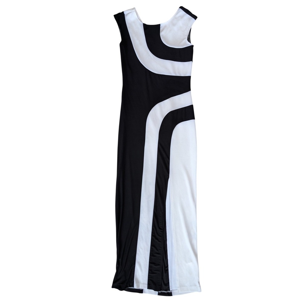 Vintage Frank Lyman Size 8 Black White Line Bold Graphic Maxi Dress Sleeveless